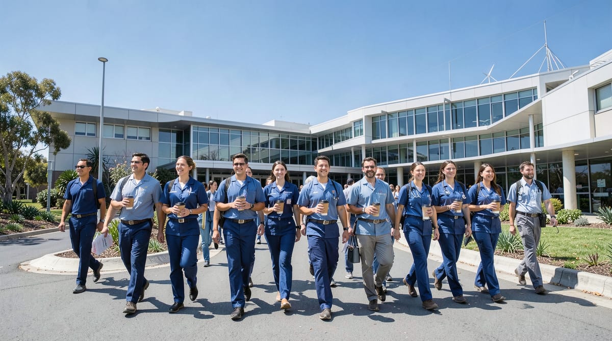 A diverse group of healthcare workers in uniform walking purposefully into a modern Aus…