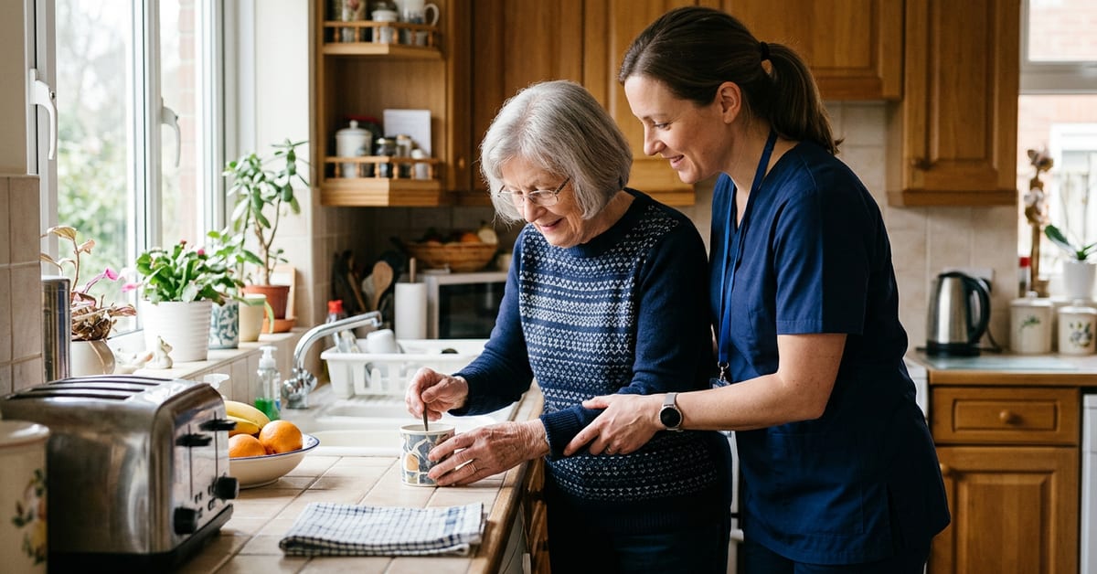Personal support worker helping an older adult at home