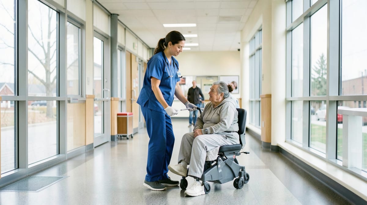 A healthcare worker in scrubs assisting a patient in a bright modern Canadian hospital …