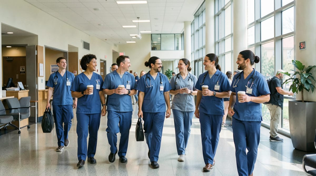 A diverse group of healthcare workers in uniform walking purposefully through a modern …