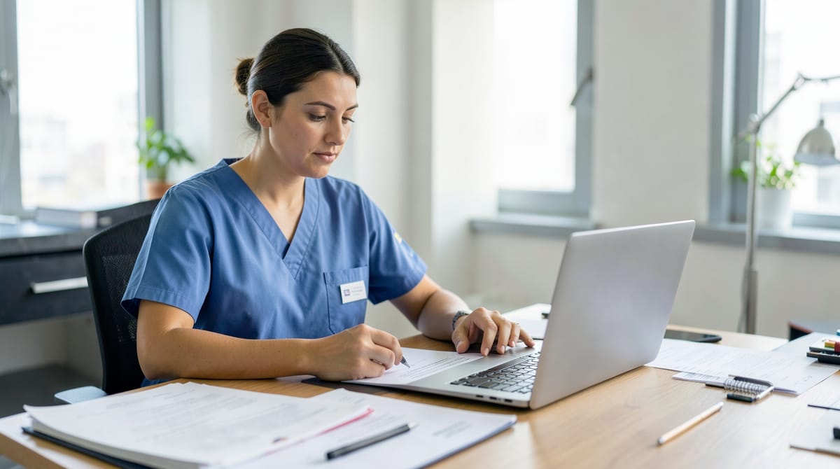 A nurse in scrubs reviewing registration documents at a desk with a laptop in a calm mo…
