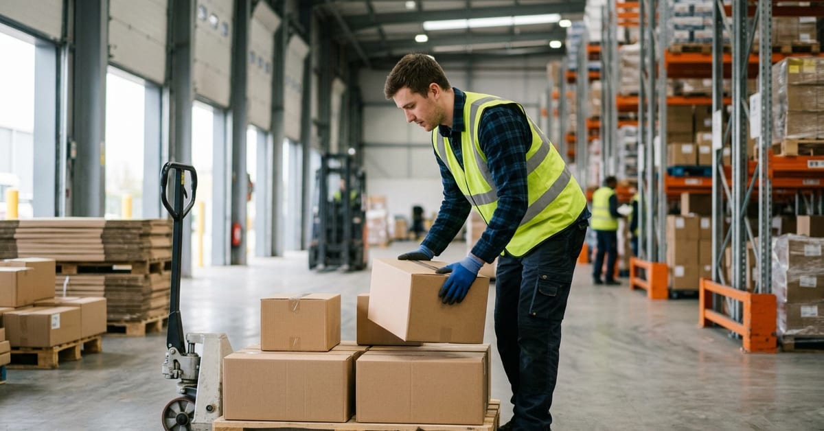 Warehouse associate loading parcels at a Canadian distribution centre