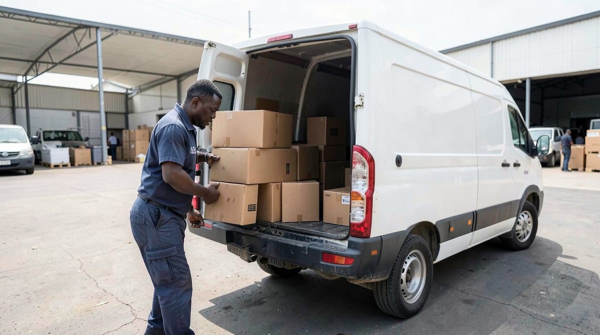 An African delivery driver in a plain unbranded uniform loading cardboard parcels into …
