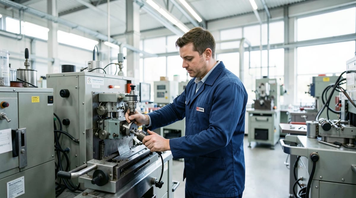 A skilled technician in work uniform operating equipment in a clean modern German indus…