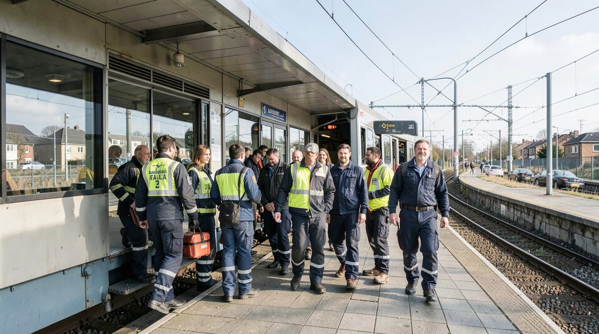 A diverse group of technicians in workwear are disembarking from a local train at a mod…