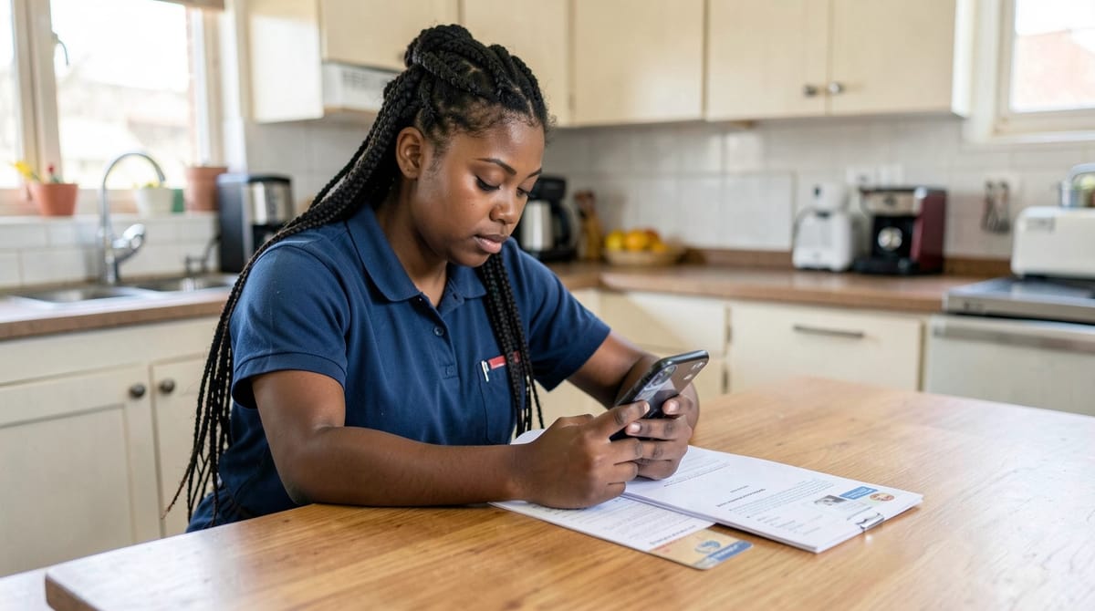 A young South African woman with neat braids sits at a kitchen table