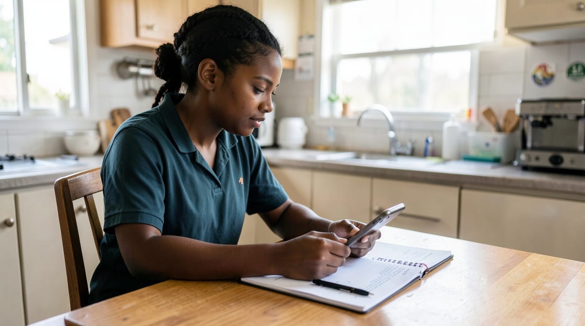 A young South African woman sitting at a kitchen table