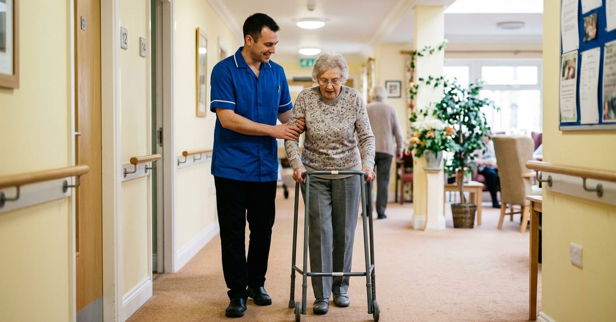 Care assistant supporting a resident in a UK care home