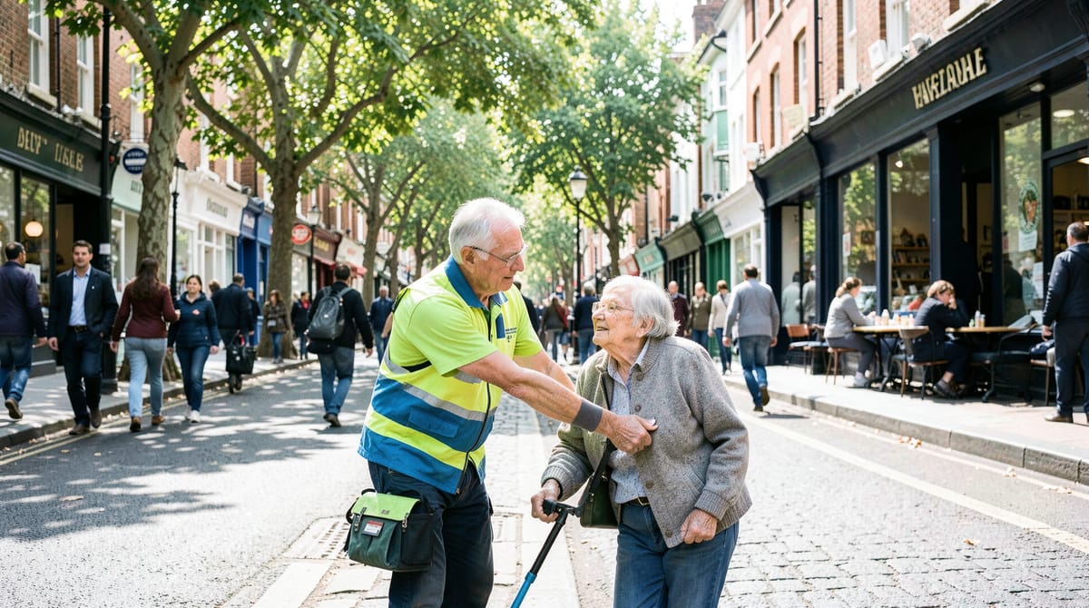 A care worker in a bright uniform helps an elderly person across a busy