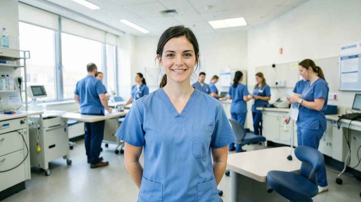An internationally educated nurse in scrubs at a nursing station in a modern UK NHS hos…