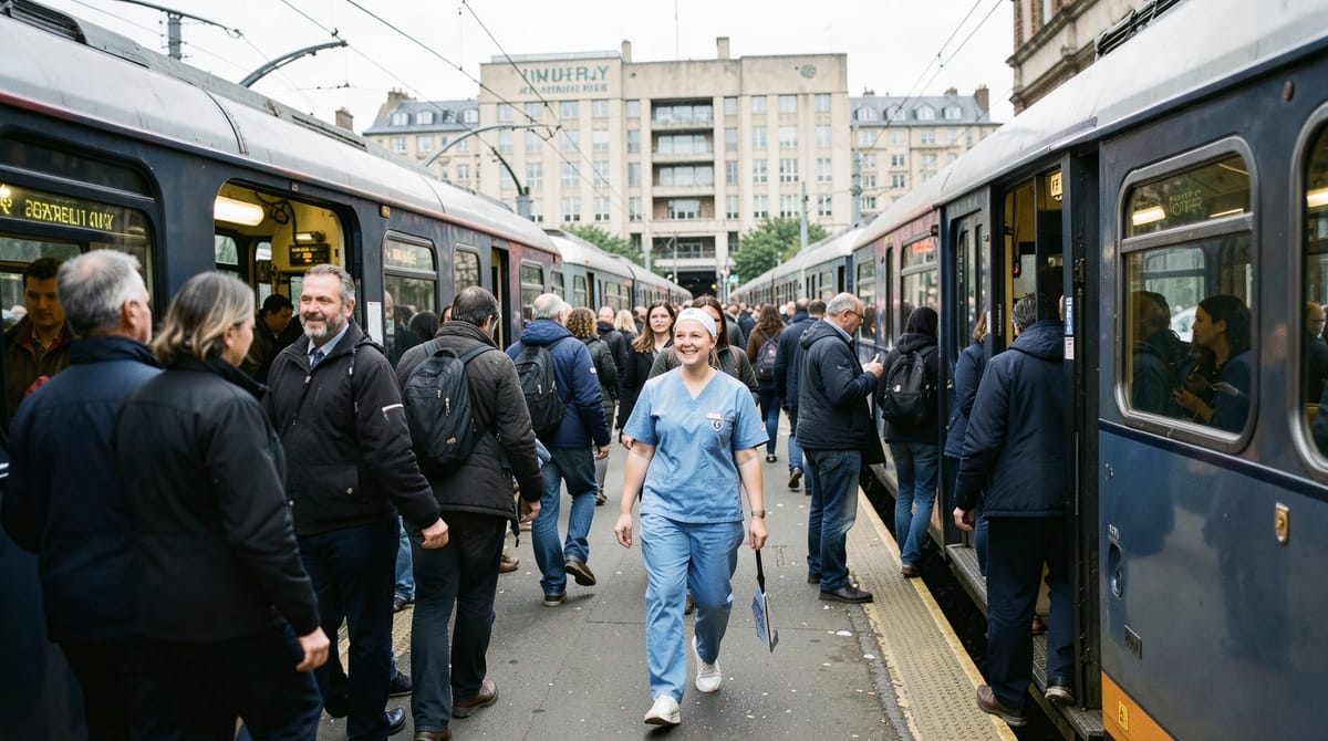 A nurse in scrubs steps off a London Underground train during morning rush hour