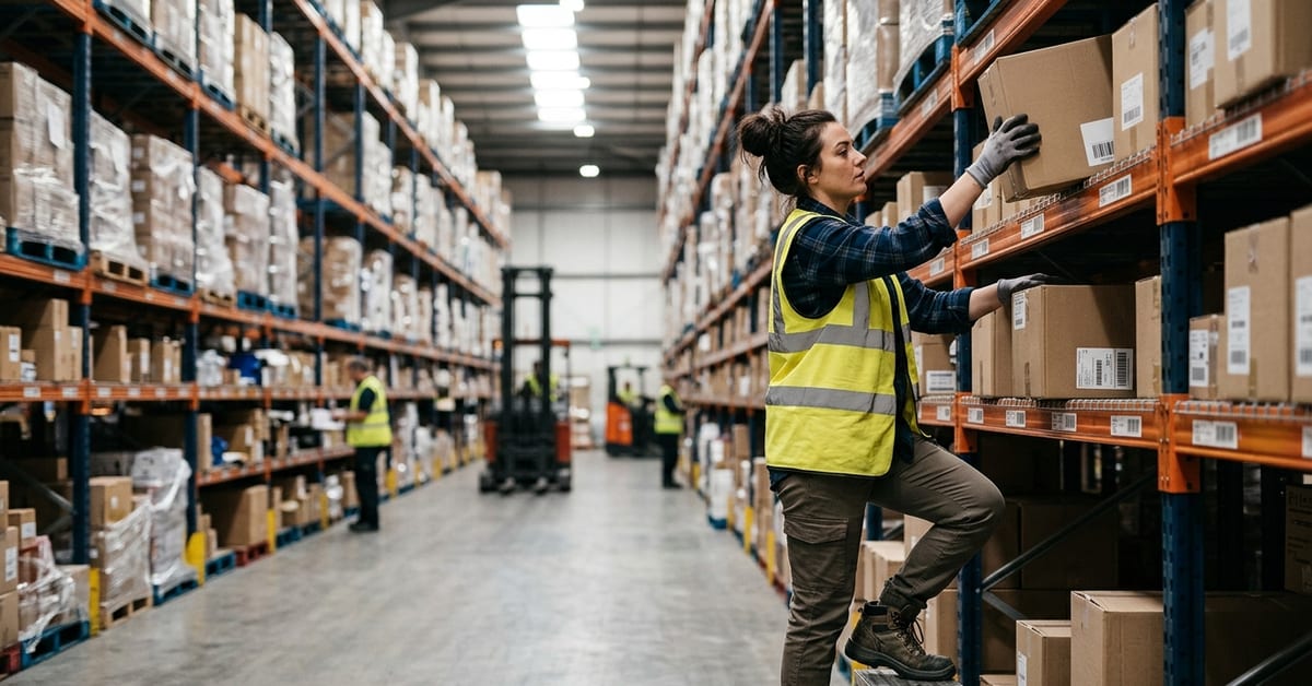 Warehouse operative picking stock at a UK distribution centre