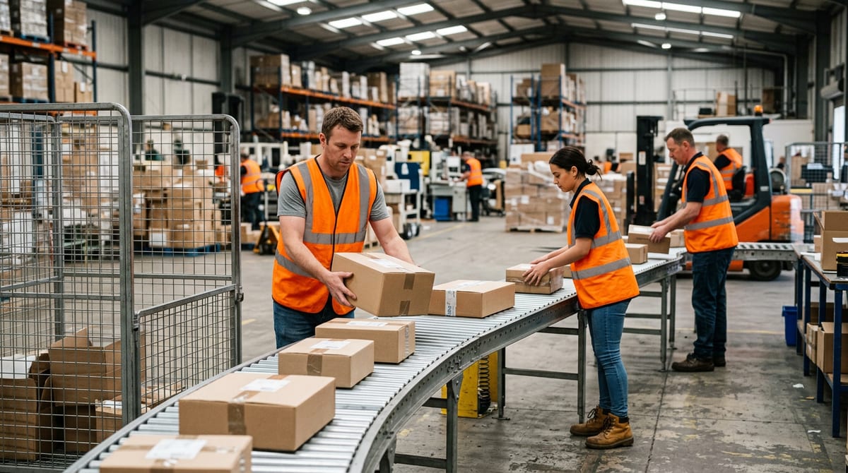 Warehouse operatives sorting parcels at a UK distribution centre