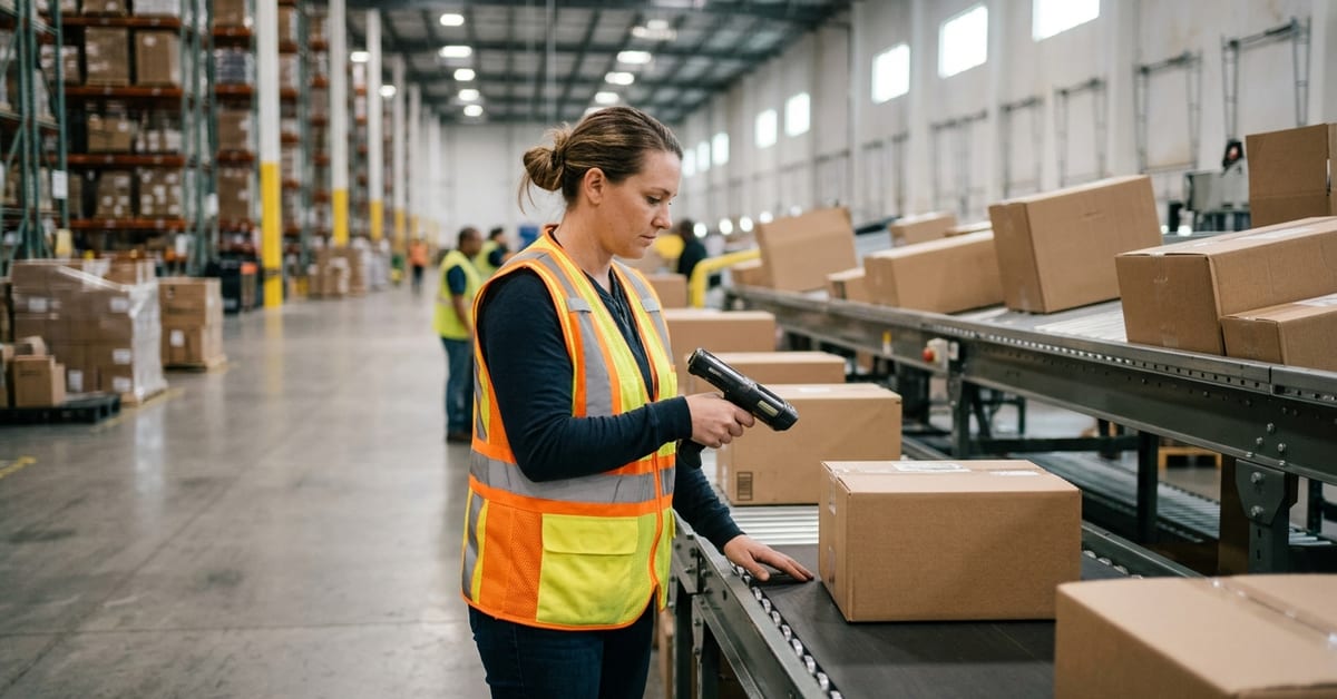 Warehouse associate scanning a parcel at a US fulfillment center